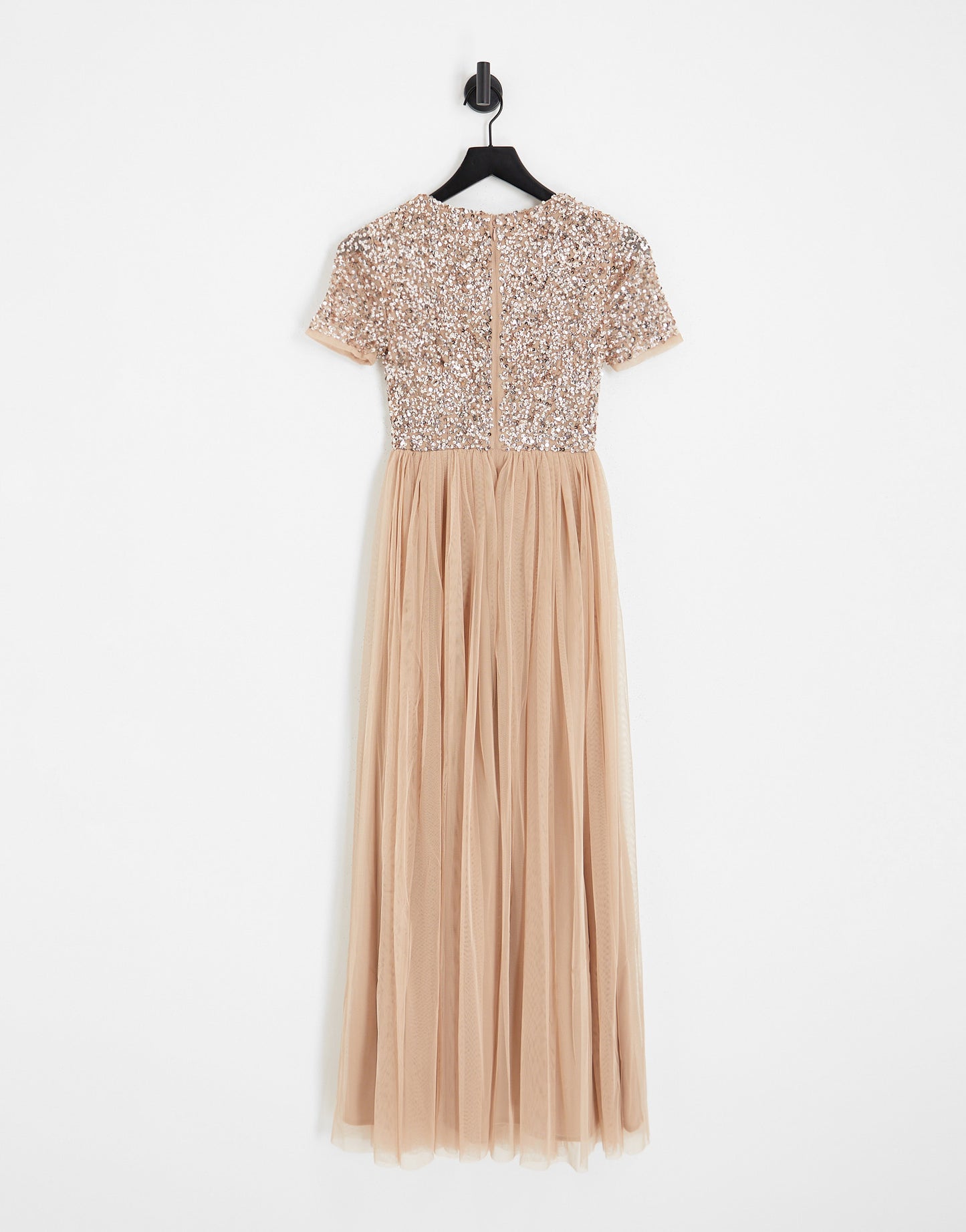 Maya Petite Bridesmaid short sleeve maxi tulle dress with tonal delicate sequins in muted blush