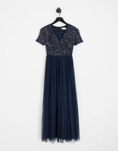 Maya Petite Bridesmaid short sleeve maxi tulle dress with tonal delicate sequins in navy