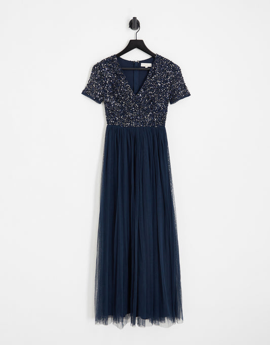 Maya Petite Bridesmaid short sleeve maxi tulle dress with tonal delicate sequins in navy