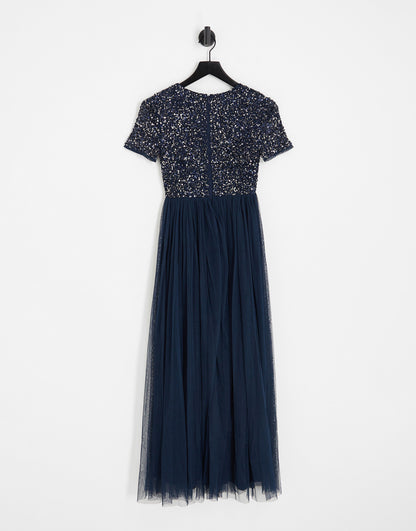 Maya Petite Bridesmaid short sleeve maxi tulle dress with tonal delicate sequins in navy