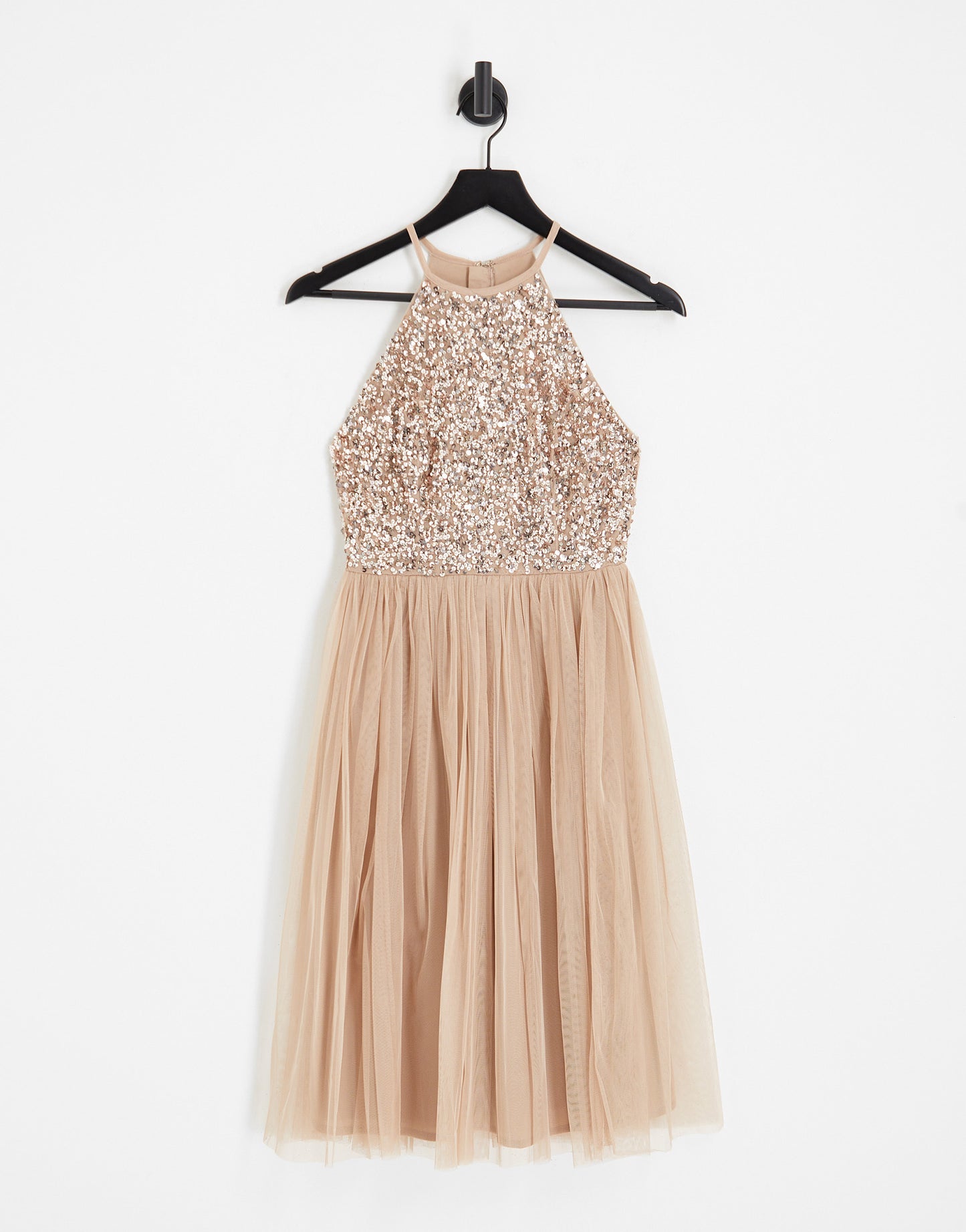 Maya Petite Bridesmaid halter neck midi tulle dress with tonal delicate sequins in muted blush