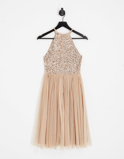 Maya Petite Bridesmaid halter neck midi tulle dress with tonal delicate sequins in muted blush