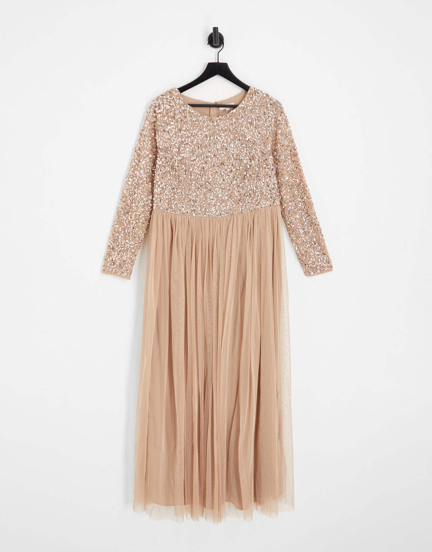 Maya Plus Bridesmaid long sleeve maxi tulle dress with tonal delicate sequin in muted blush