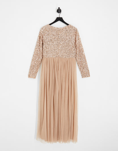 Maya Plus Bridesmaid long sleeve maxi tulle dress with tonal delicate sequin in muted blush