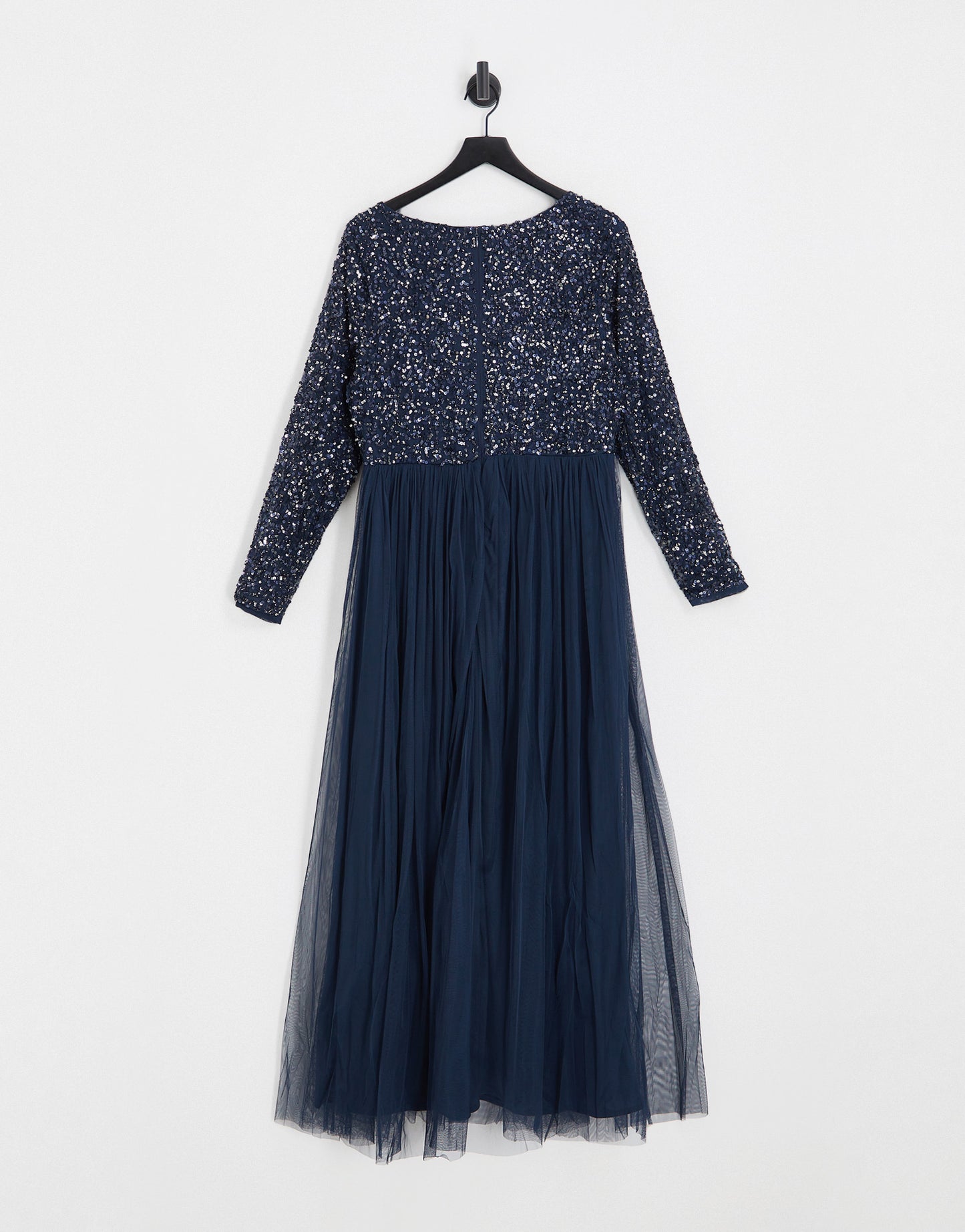 Maya Plus Bridesmaid long sleeve maxi tulle dress with tonal delicate sequin in navy