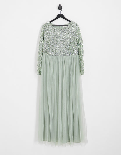 Maya Plus Bridesmaid long sleeve maxi tulle dress with tonal delicate sequin in sage green