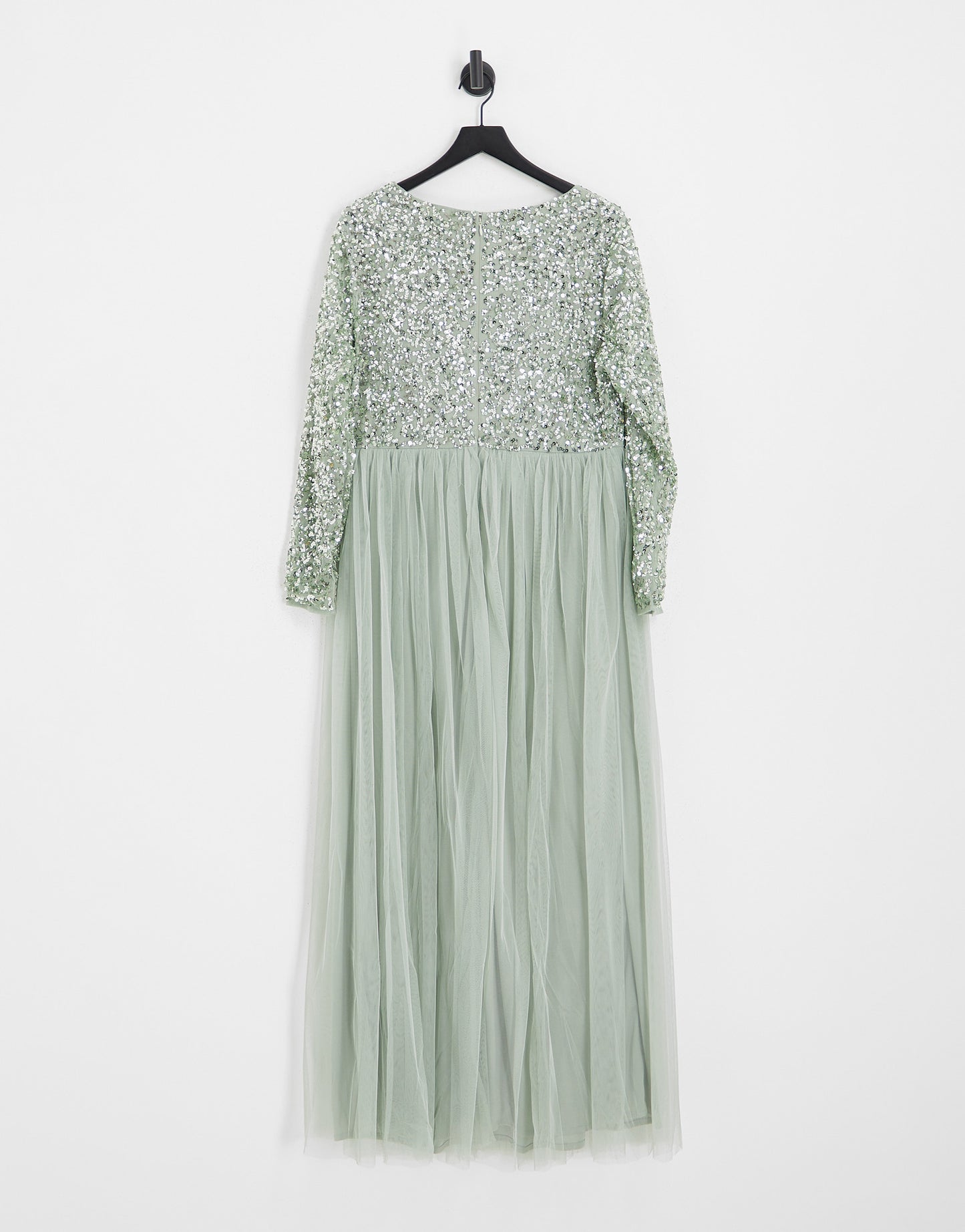 Maya Plus Bridesmaid long sleeve maxi tulle dress with tonal delicate sequin in sage green