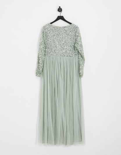 Maya Plus Bridesmaid long sleeve maxi tulle dress with tonal delicate sequin in sage green