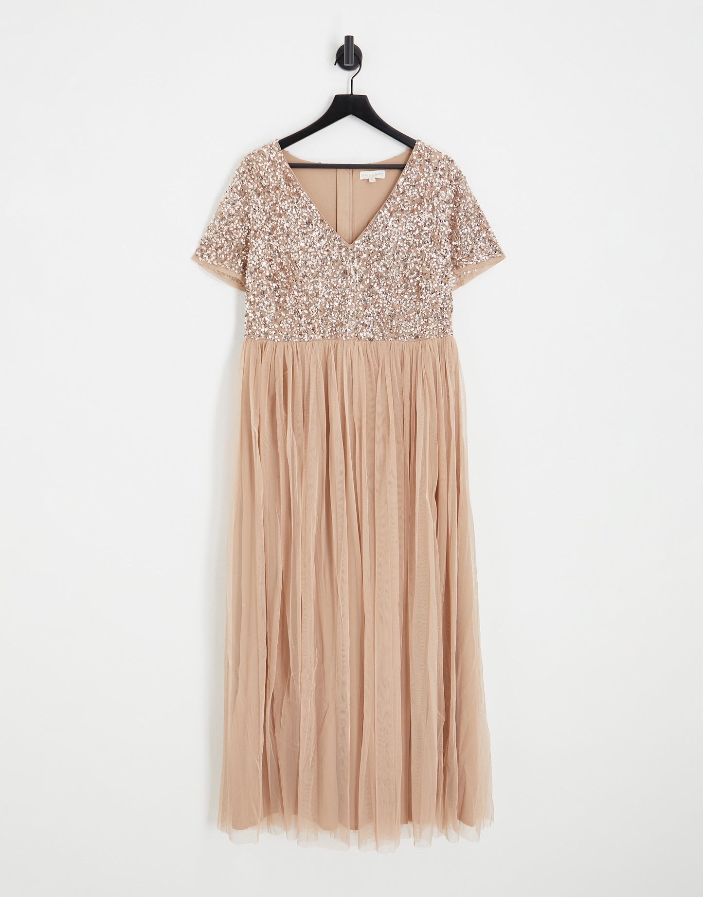 Maya Plus Bridesmaid short sleeve maxi tulle dress with tonal delicate sequins in muted blush