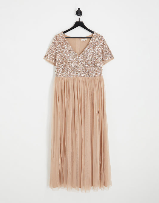 Maya Plus Bridesmaid short sleeve maxi tulle dress with tonal delicate sequins in muted blush