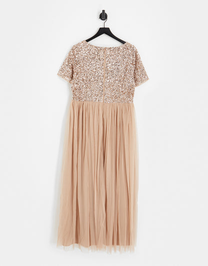 Maya Plus Bridesmaid short sleeve maxi tulle dress with tonal delicate sequins in muted blush