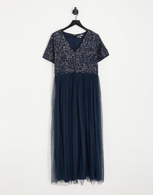 Maya Plus Bridesmaid short sleeve maxi tulle dress with tonal delicate sequins in taupe navy