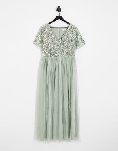 Maya Plus Bridesmaid short sleeve maxi tulle dress with tonal delicate sequins in sage green