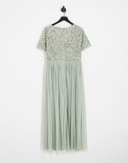 Maya Plus Bridesmaid short sleeve maxi tulle dress with tonal delicate sequins in sage green