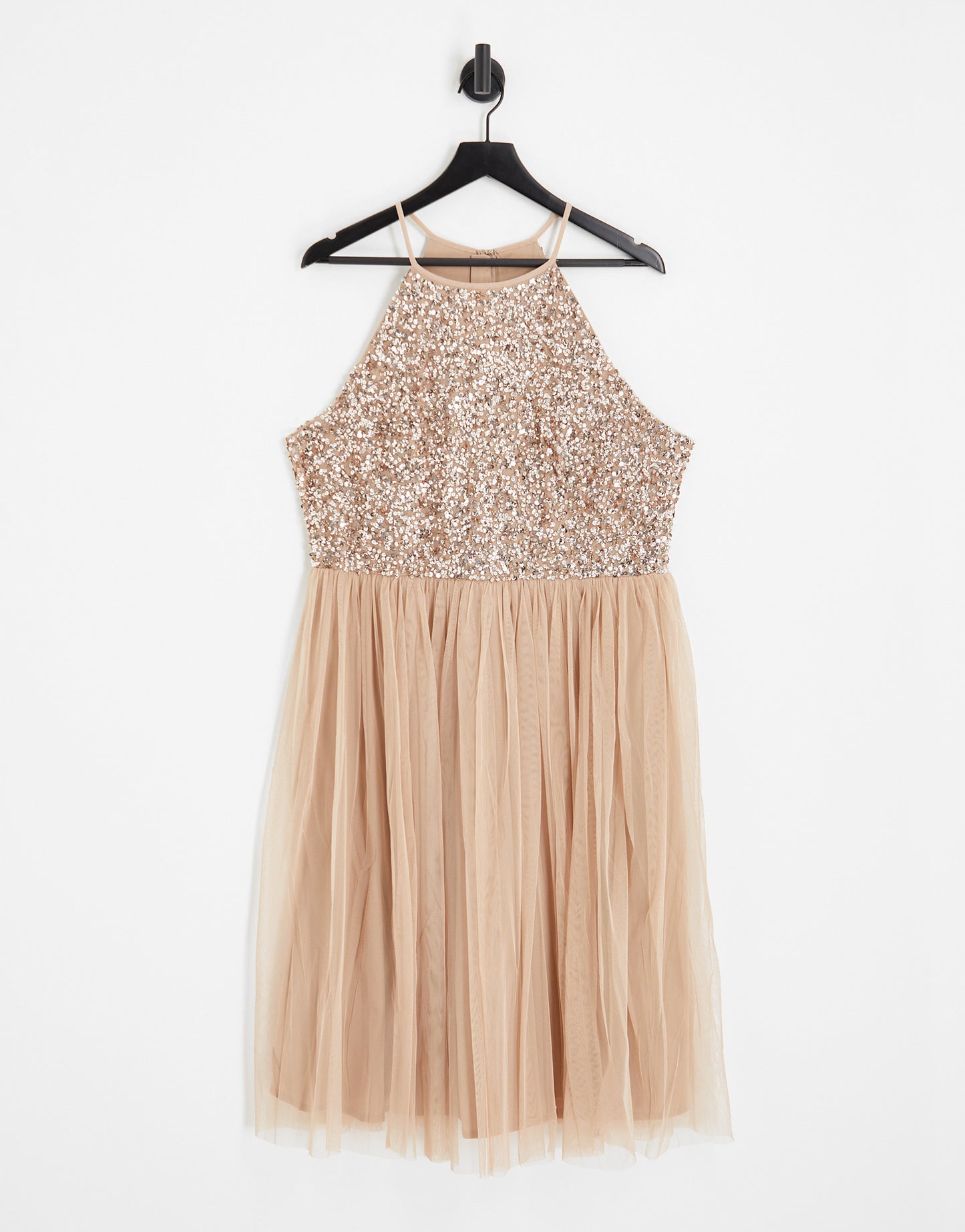 Maya Plus Bridesmaid halter neck midi tulle dress with sequins in muted blush