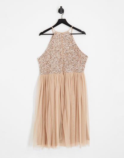 Maya Plus Bridesmaid halter neck midi tulle dress with sequins in muted blush