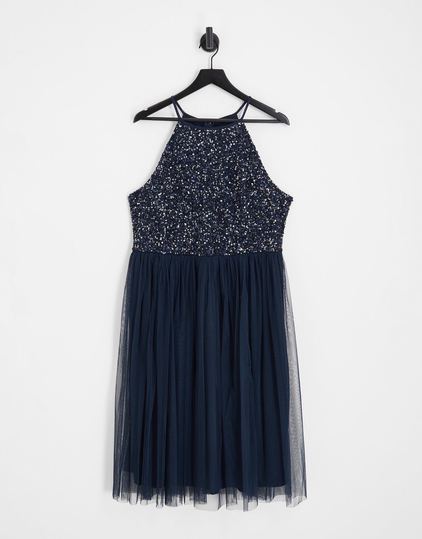 Maya Plus Bridesmaid halter neck midi tulle dress with tonal delicate sequins in navy