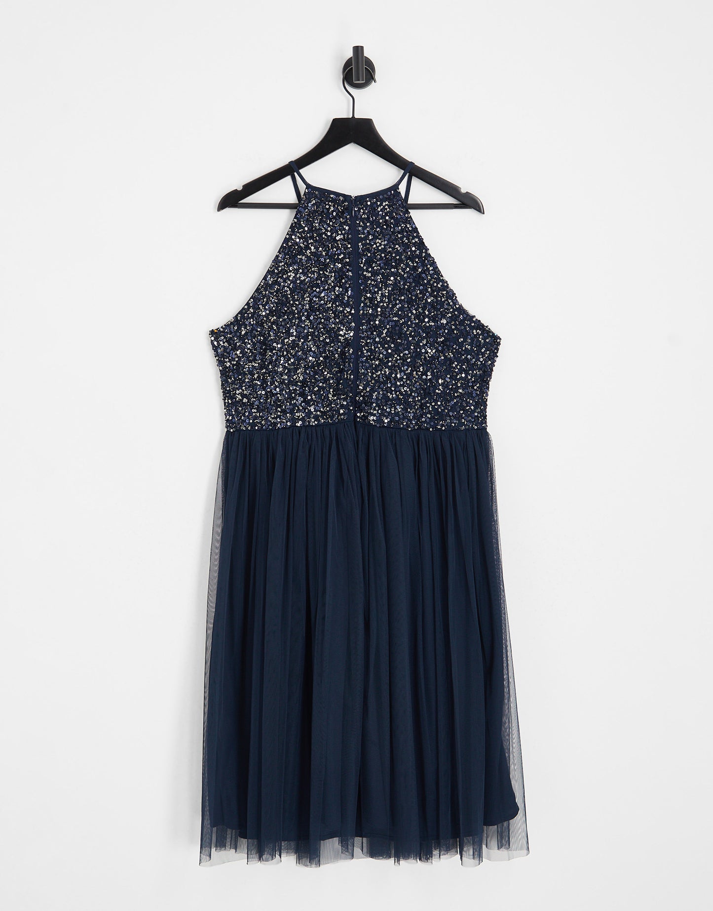 Maya Plus Bridesmaid halter neck midi tulle dress with tonal delicate sequins in navy