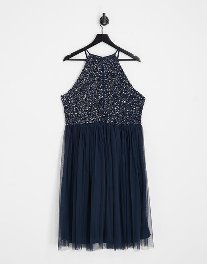 Maya Plus Bridesmaid halter neck midi tulle dress with tonal delicate sequins in navy