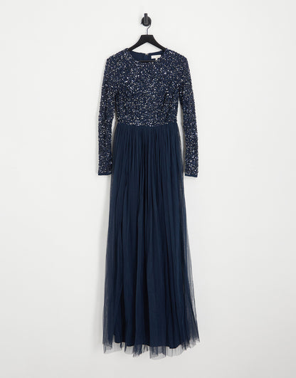 Maya Tall Bridesmaid long sleeve maxi tulle dress with tonal delicate sequin in navy