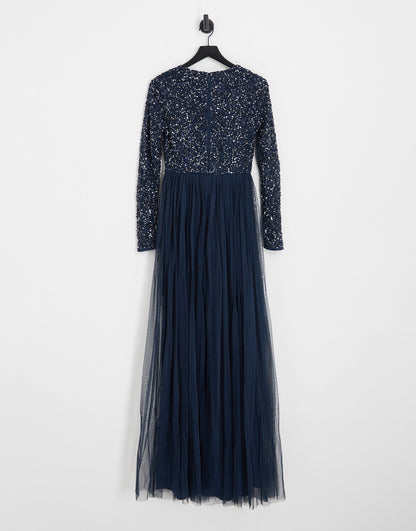 Maya Tall Bridesmaid long sleeve maxi tulle dress with tonal delicate sequin in navy