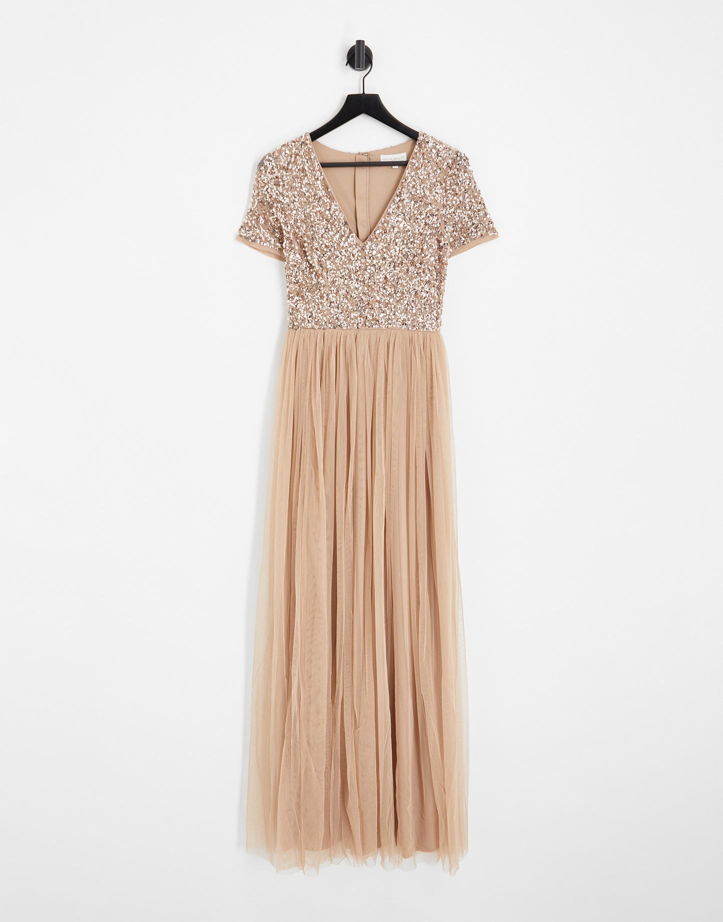 Maya Tall Bridesmaid short sleeve maxi tulle dress with tonal delicate sequins in muted blush