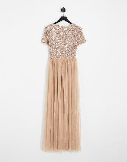 Maya Tall Bridesmaid short sleeve maxi tulle dress with tonal delicate sequins in muted blush