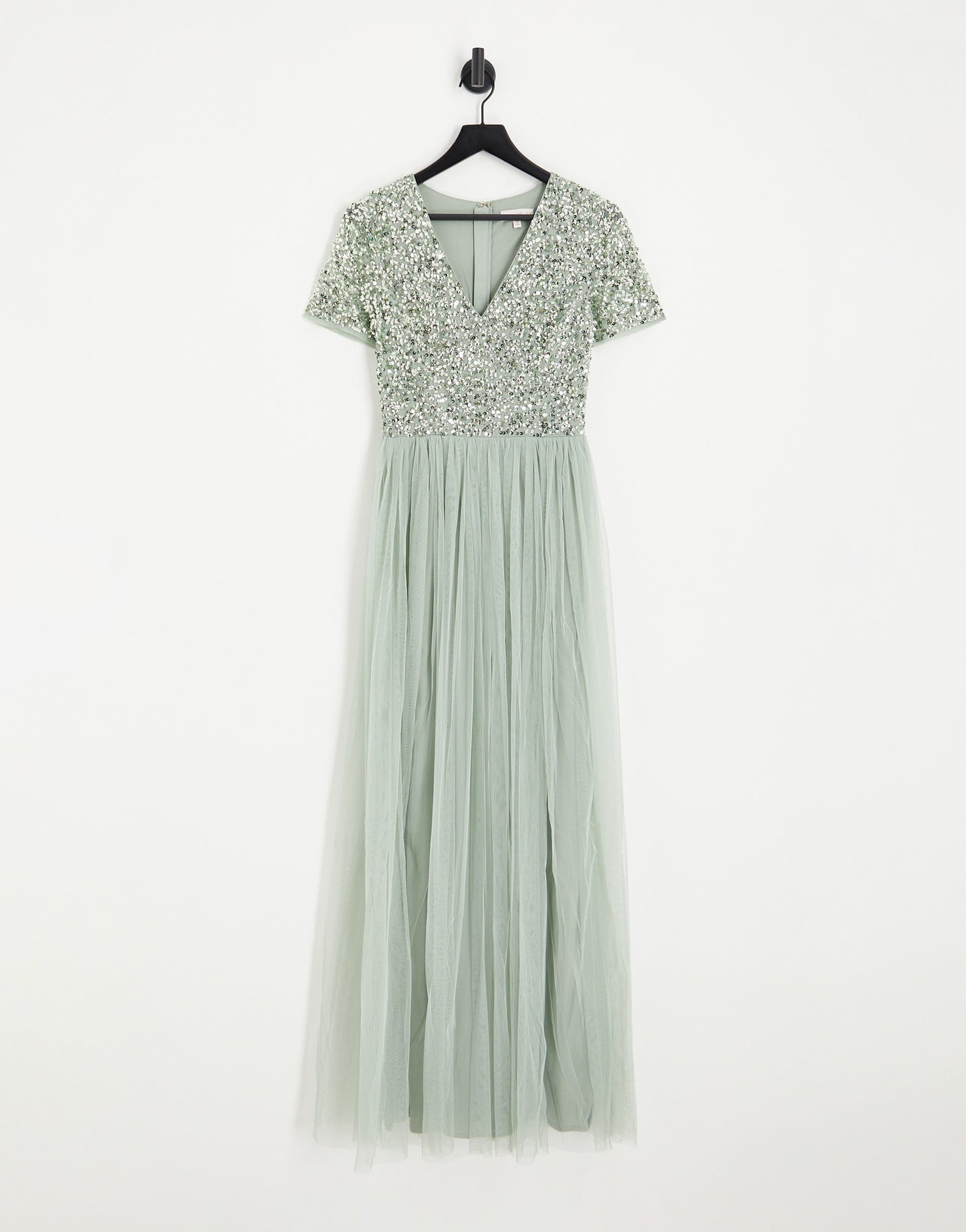 Maya Tall Bridesmaid short sleeve maxi tulle dress with tonal delicate sequins in sage green