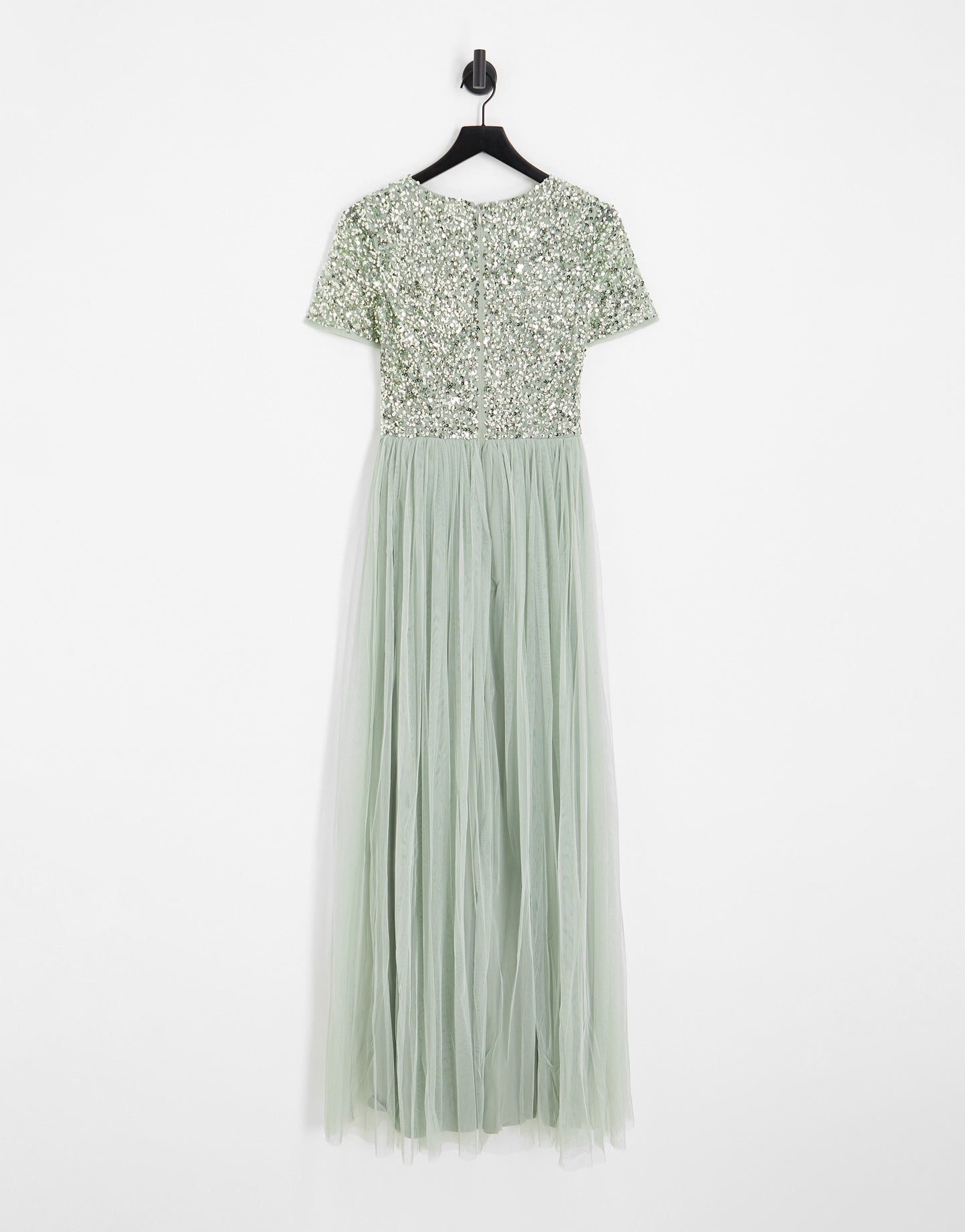 Maya Tall Bridesmaid short sleeve maxi tulle dress with tonal delicate sequins in sage green