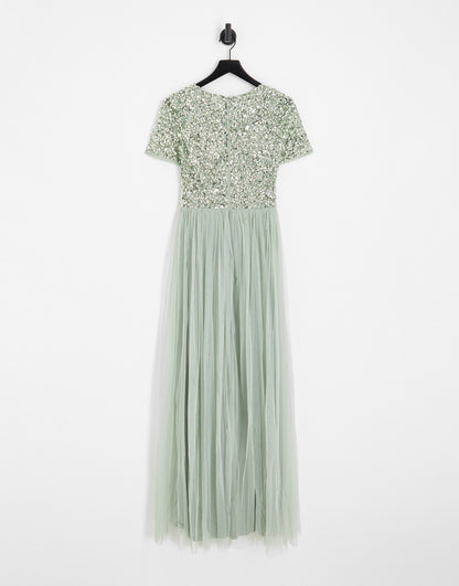 Maya Tall Bridesmaid short sleeve maxi tulle dress with tonal delicate sequins in sage green