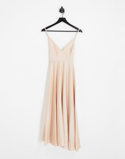 ASOS DESIGN Bridesmaid satin midi dress with tie back in blush