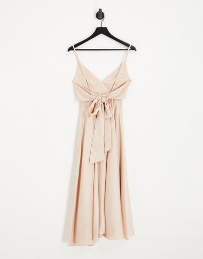 ASOS DESIGN Bridesmaid satin midi dress with tie back in blush