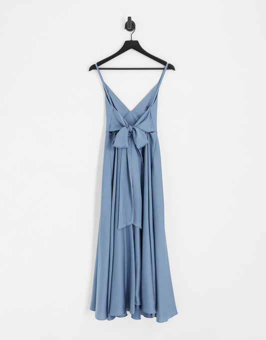 ASOS DESIGN Bridesmaid satin midi dress with tie back in dusky blue