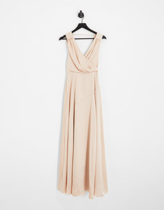 ASOS DESIGN Bridesmaid satin maxi dress with wrap bodice in blush