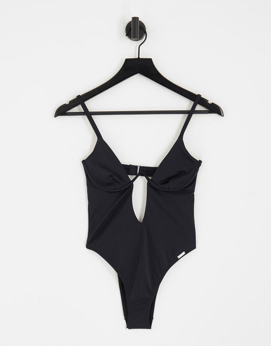 Free Society monowire swimsuit with deep plunge cut out detail in black