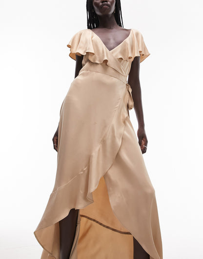 Topshop occasion satin frill wrap midi dress in gold