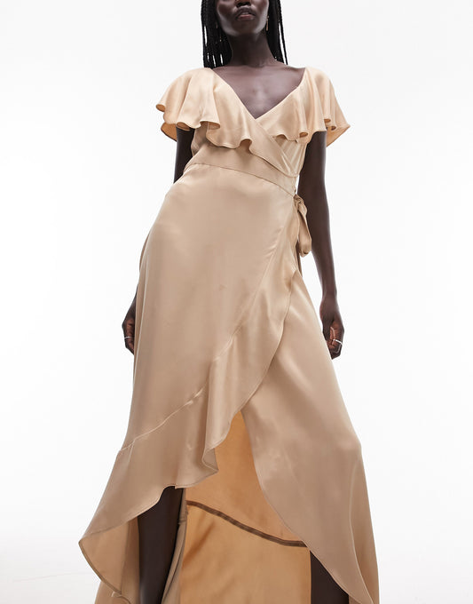 Topshop occasion satin frill wrap midi dress in gold