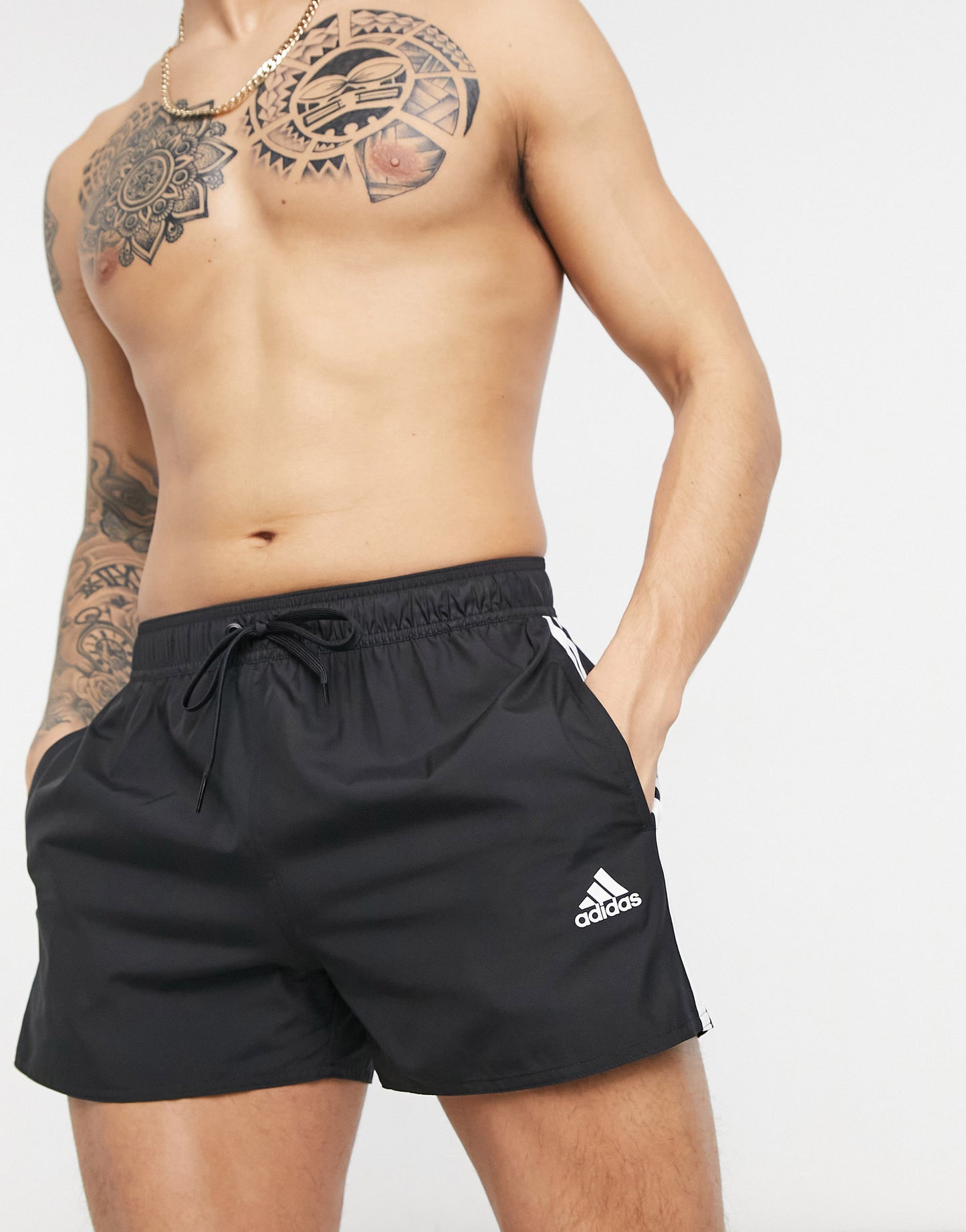 adidas Swim 3 stripe shorts in black