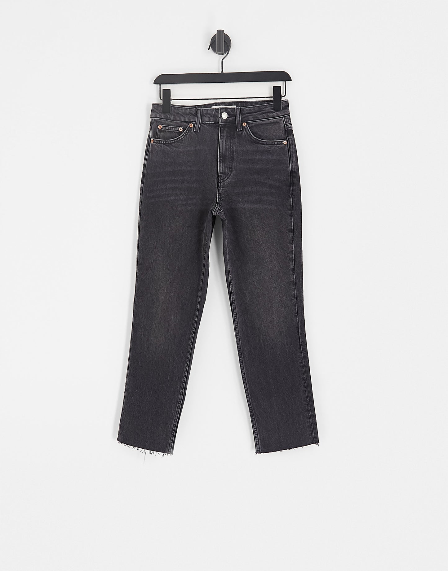 Topshop cropped mid rise with raw hems straight jeans in washed black