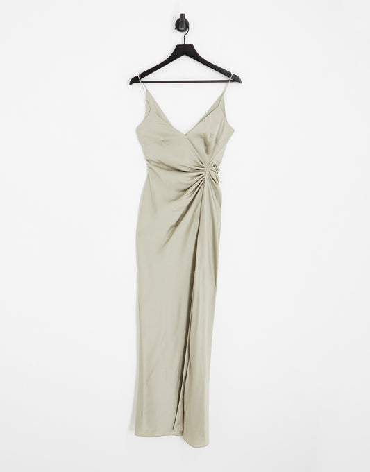 ASOS DESIGN Bridesmaid satin cami maxi dress with drape detail in sage green