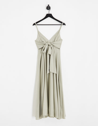 ASOS DESIGN Bridesmaid satin midi dress with tie back in sage green