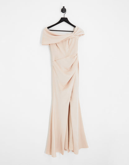 ASOS DESIGN Bridesmaid satin bardot drape wrap maxi dress in blush