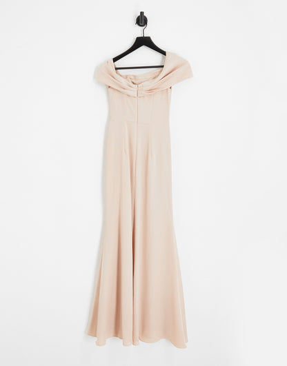 ASOS DESIGN Bridesmaid satin bardot drape wrap maxi dress in blush