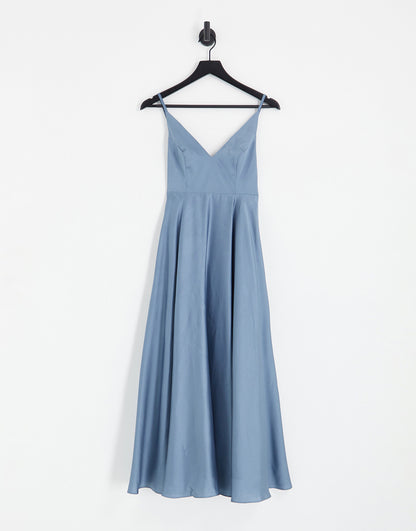 ASOS DESIGN Bridesmaid satin midi dress with tie back in dusky blue