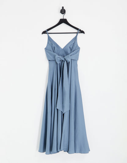 ASOS DESIGN Bridesmaid satin midi dress with tie back in dusky blue