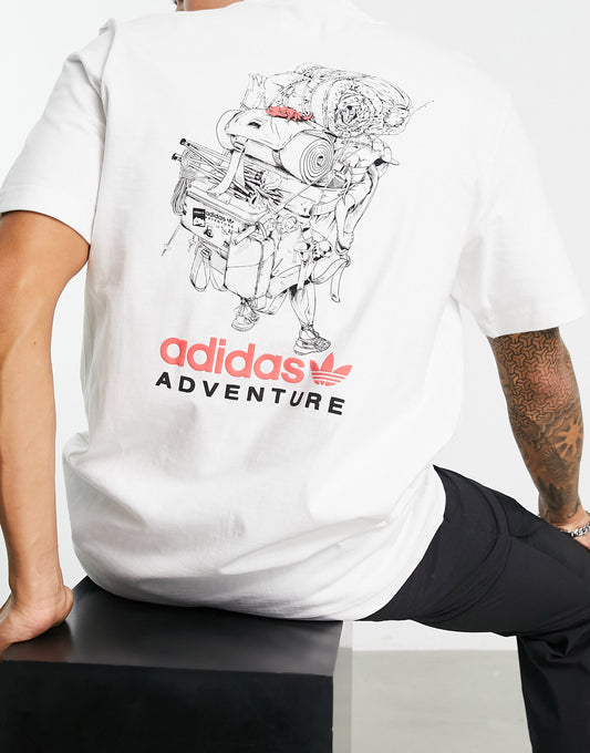 adidas Originals Adventure t-shirt in white with backpack back print