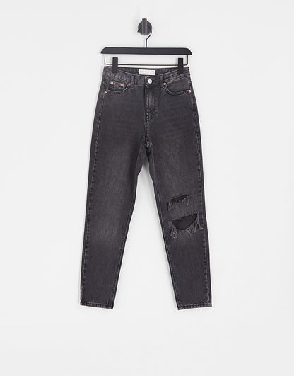 Topshop Original high rise Mom jeans with knee rip in washed black