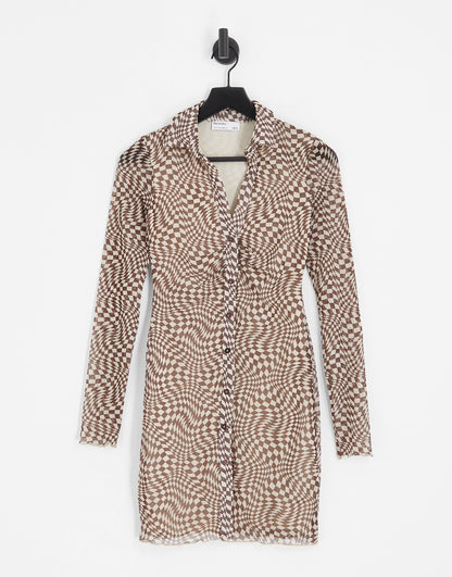 Bershka mesh shirt dress in brown retro checkerboard print