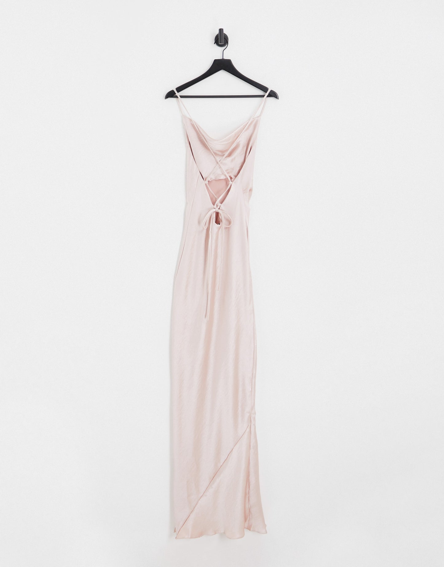 ASOS DESIGN Tall Bridesmaid cami maxi slip dress in high shine satin with lace up back in blush