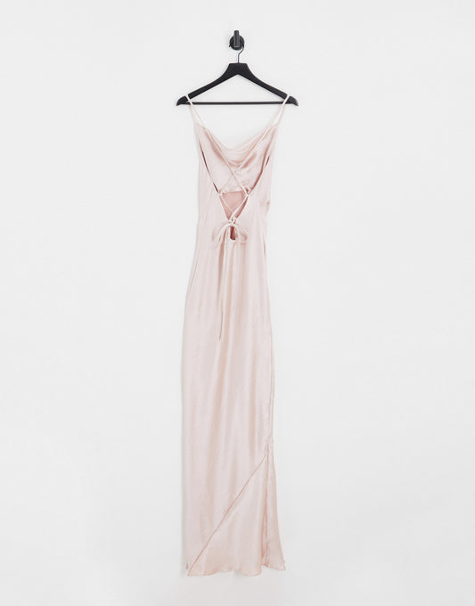 ASOS DESIGN Tall Bridesmaid cami maxi slip dress in high shine satin with lace up back in blush